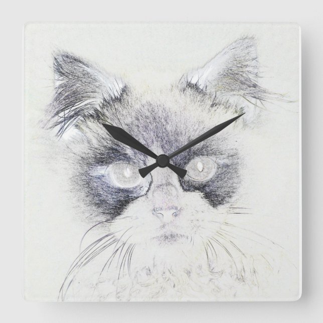 Cat pencil sketch square wall clock (Front)