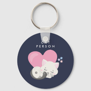 Cat Person Text Cute White Kitty Cat Sleeping Key Ring