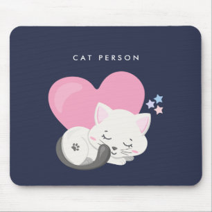 Cat Person Text Cute White Kitty Cat Sleeping Mouse Mat