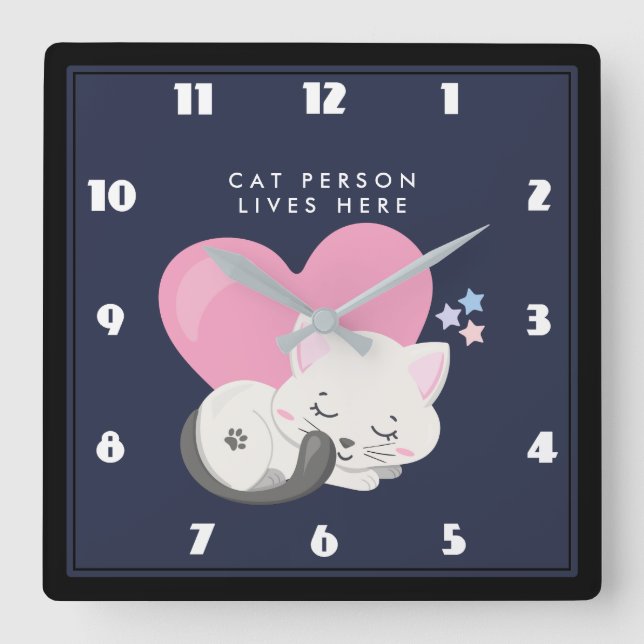 Cat Person Text Cute White Kitty Cat Sleeping Square Wall Clock (Front)