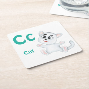 Cat personalise ABC: Letter C - Add Your Name Square Paper Coaster