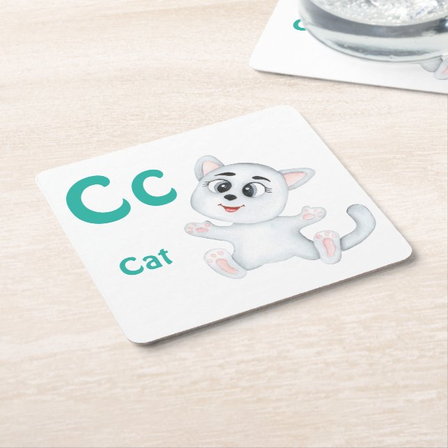 Cat personalise ABC: Letter C - Add Your Name Square Paper Coaster (Angled)