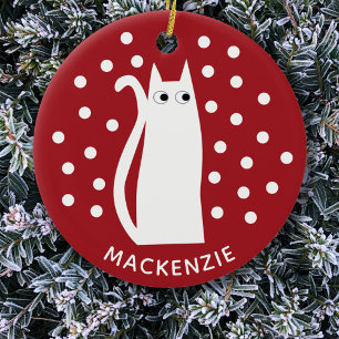 Cat Personalised Red White Ceramic Tree Decoration