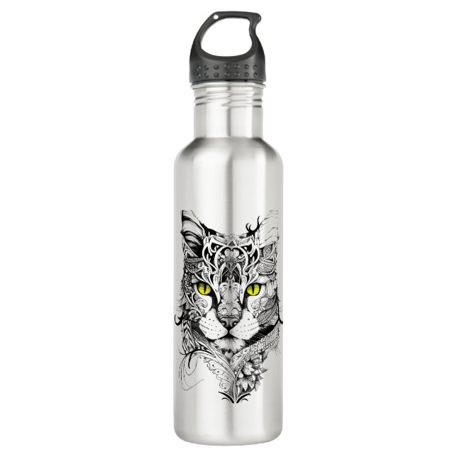 Cat Pet Animal Nature Illustration Art Tattoo 710 Ml Water Bottle (Front)