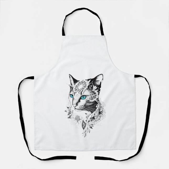 Cat Pet Animal Nature Illustration Art Tattoo Apron (Front)