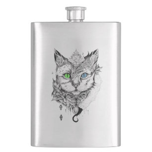 Cat Pet Animal Nature Illustration Art Tattoo Hip Flask