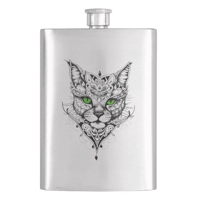 Cat Pet Animal Nature Illustration Art Tattoo Hip Flask (Front)