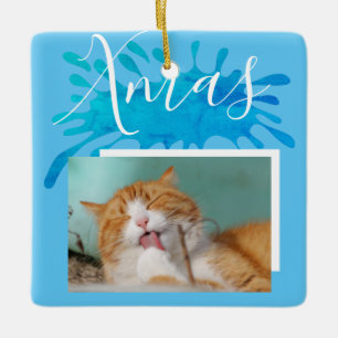 Cat Pet Blue Xmas Script Christmas Photo Ceramic Ornament