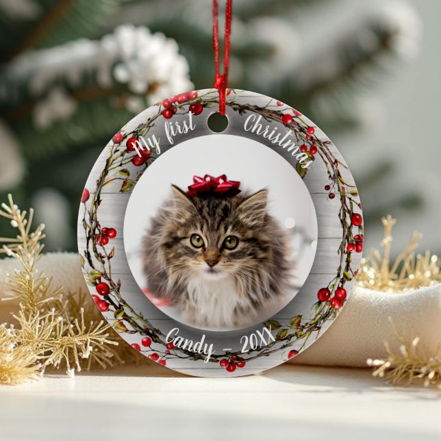 Cat Pet First Christmas Photo Red Berry Wreath Ceramic Tree Decoration (Creator Uploaded)