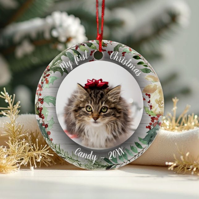 Cat Pet First Christmas Photo Rusti Wreaths Ceramic Tree Decoration (Creator Uploaded)