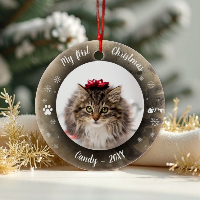 Cat Pet First Christmas Photo Rustic Animal Print  Ceramic Tree Decoration (Creator Uploaded)