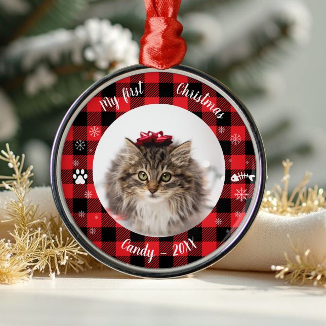 Cat Pet First Christmas Photo Rustic Buffalo Check Metal Tree Decoration (Creator Uploaded)