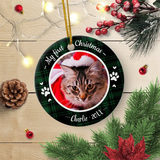 Cat Pet First Christmas Photo Rustic Green Plaid Ceramic Tree Decoration (Creator Uploaded)