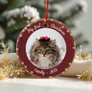 Cat Pet First Christmas Photo Rustic Light Wreaths Ceramic Tree Decoration