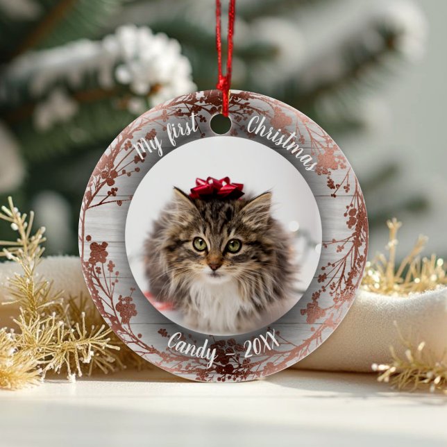 Cat Pet First Christmas Photo Wreaths Rose Foils Ceramic Tree Decoration (Creator Uploaded)