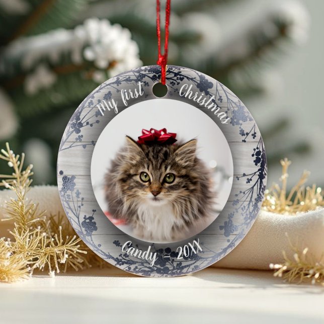 Cat Pet First Christmas Photo Wreaths Silver Foils Ceramic Tree Decoration (Creator Uploaded)