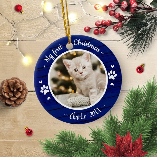 Cat Pet First Christmas Simple Photo Rustic Blue Ceramic Tree Decoration (Creator Uploaded)