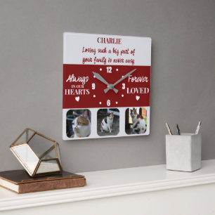 Cat pet loss Keepsake Memorial burgundy Square Wall Clock