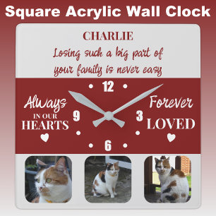 Cat pet loss Keepsake Memorial burgundy Square Wall Clock