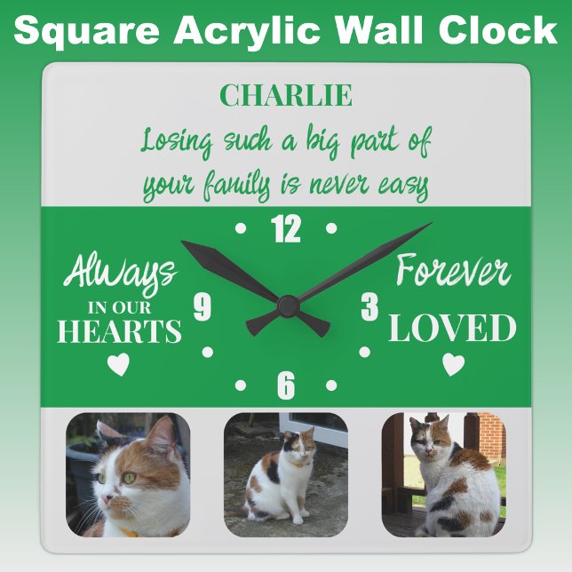 Cat pet loss Keepsake Memorial green Square Wall Clock (Creator Uploaded)