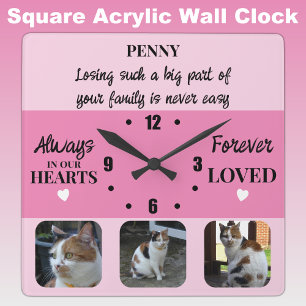 Cat pet loss Keepsake Memorial pink Square Wall Clock