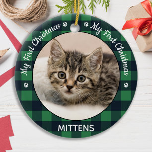 Cat Pet Photo Green Plaid Kitten First Christmas Ceramic Tree Decoration