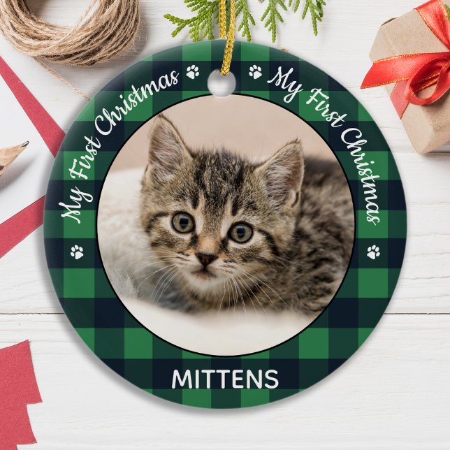 Cat Pet Photo Green Plaid Kitten First Christmas   Ceramic Tree Decoration (Creator Uploaded)