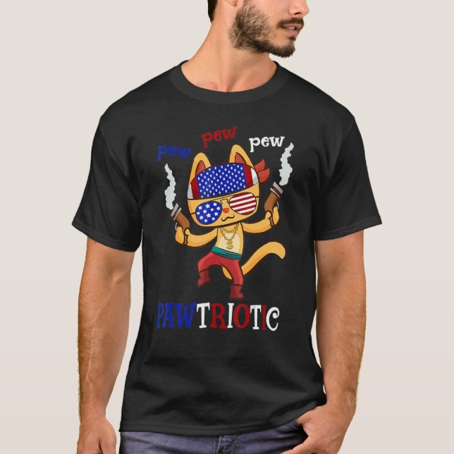 Cat Pew Pew Pawtriotic Cat 4th Of July Humour Tee (Front)