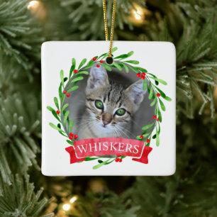 Cat Photo Christmas Wreath Ceramic Ornament