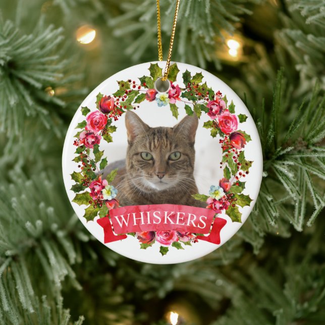 Cat Photo Christmas Wreath Ceramic Tree Decoration (Tree)