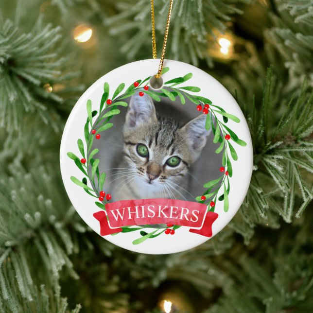 Cat Photo Christmas Wreath Ceramic Tree Decoration (Tree)
