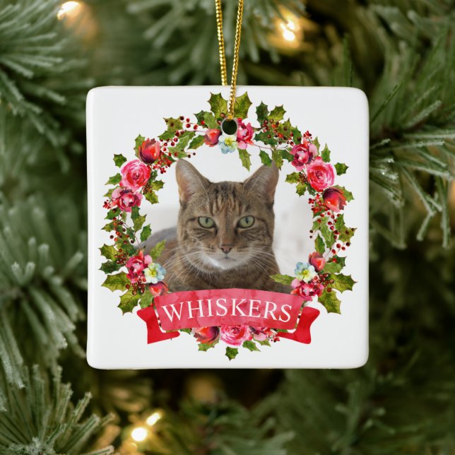 Cat Photo Christmas Wreath Personalised Ceramic Or Ceramic Ornament (Tree)