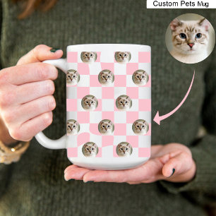 Cat Photo Collage Light Pink Plaid Pattern Coffee Mug