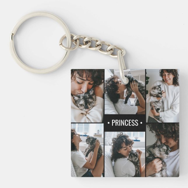 Cat Photo Collage Monogrammed Key Ring (Front)