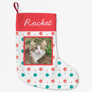 Cat Photo Festive Paw Prints Personalized Small Christmas Stocking