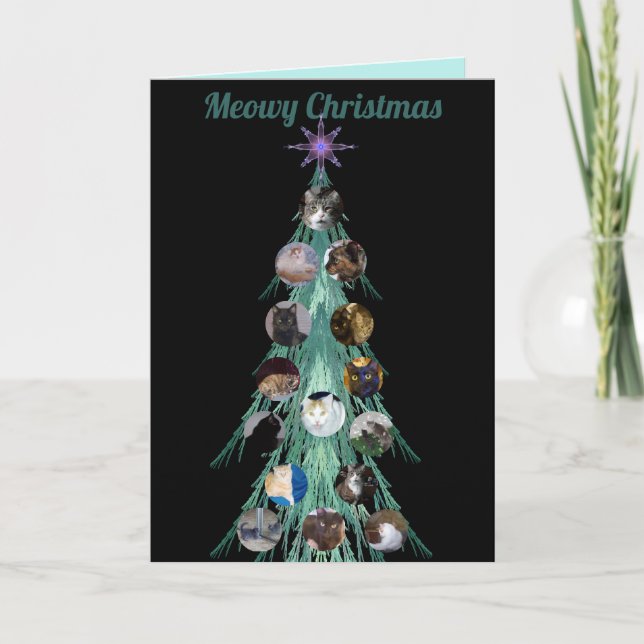 Cat Photo Fractal Tree Black Folded Holiday Card (Front)