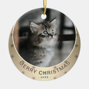 Cat Photo Golden Snowflake Metallic Christmas  Ceramic Tree Decoration