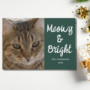 Cat Photo Green Meowy and Bright Christmas Holiday Card