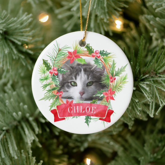 Cat Photo Holly Wreath Ceramic Tree Decoration (Tree)