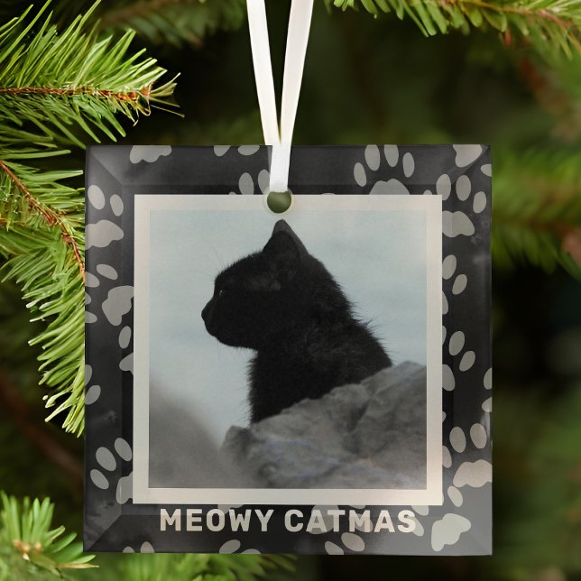 Cat Photo Meowy Catmas Pet Glass Ornament (Add your black cat photo and hang it where your cat can't reach as they will play with it)