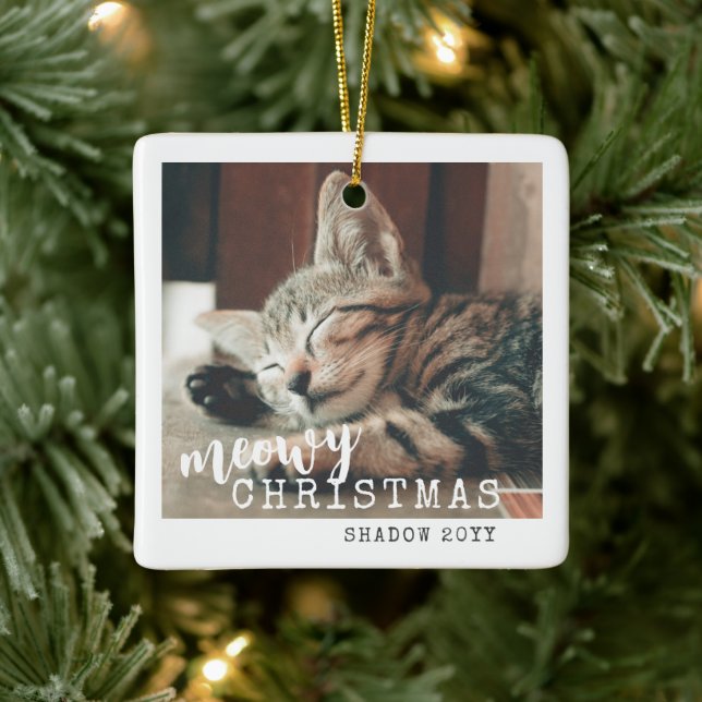 Cat Photo Meowy Merry Christmas Cute White Ceramic Ornament (Tree)