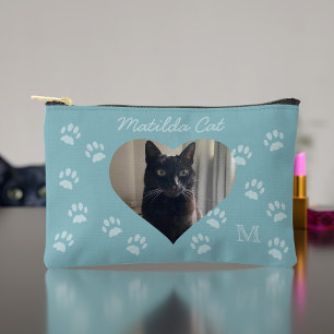 Cat Photo Name Monogram Teal Paw Print Accessory Pouch