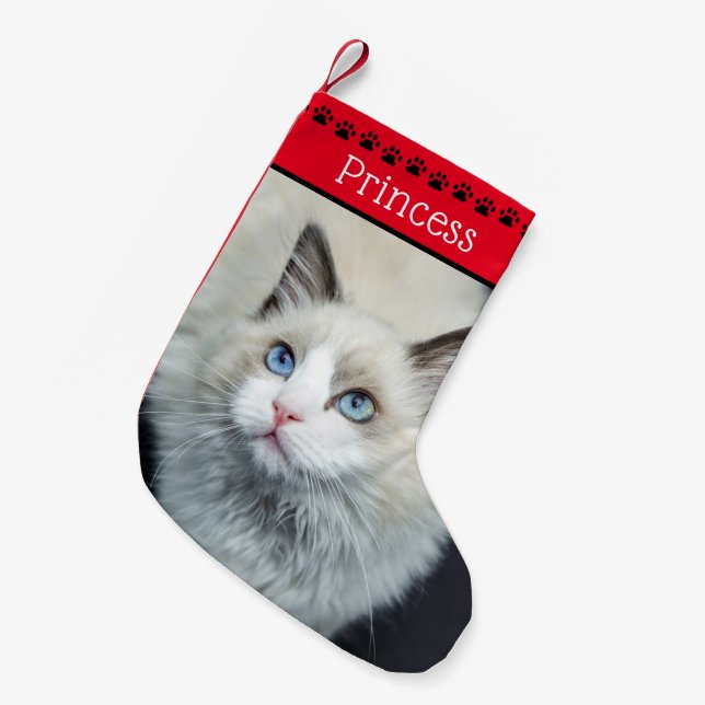 Cat Photo & Name | Red Black Paw Prints Small Christmas Stocking (Front (Hanging))