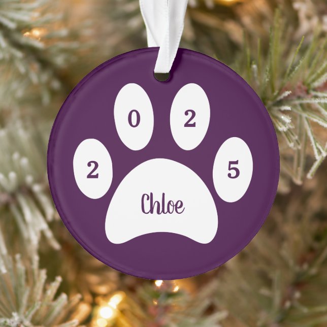 Cat Photo Name Year White Paw Print Purple Ornament (Tree)