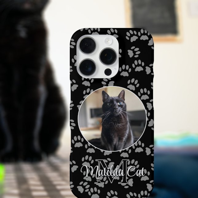 Cat Photo Paw Print Pattern Personalised iPhone Case (Add your cat's photo and name to this cute paw print phone case)
