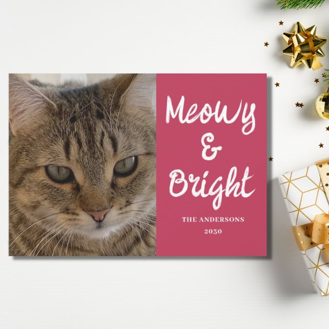 Cat Photo Pink Meowy and Bright Christmas  Holiday Card (Creator Uploaded)