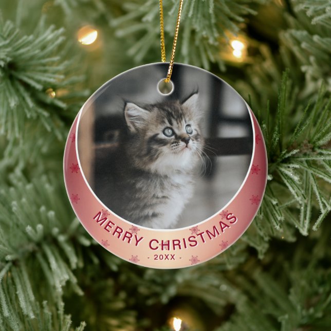 Cat Photo Red Snowflake Metallic Christmas Ceramic Tree Decoration (Tree)