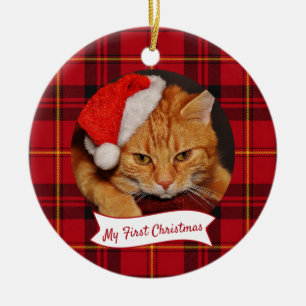 Cat Photo Red Tartan Plaid Pet First Christmas  Ceramic Tree Decoration
