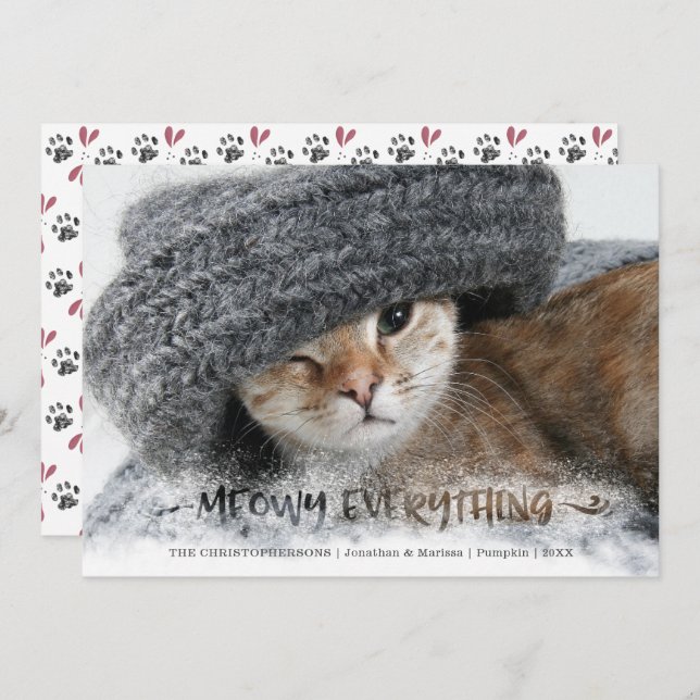 Cat Photo Snowy Brush Script MEOWY EVERYTHING Holiday Card (Front/Back)
