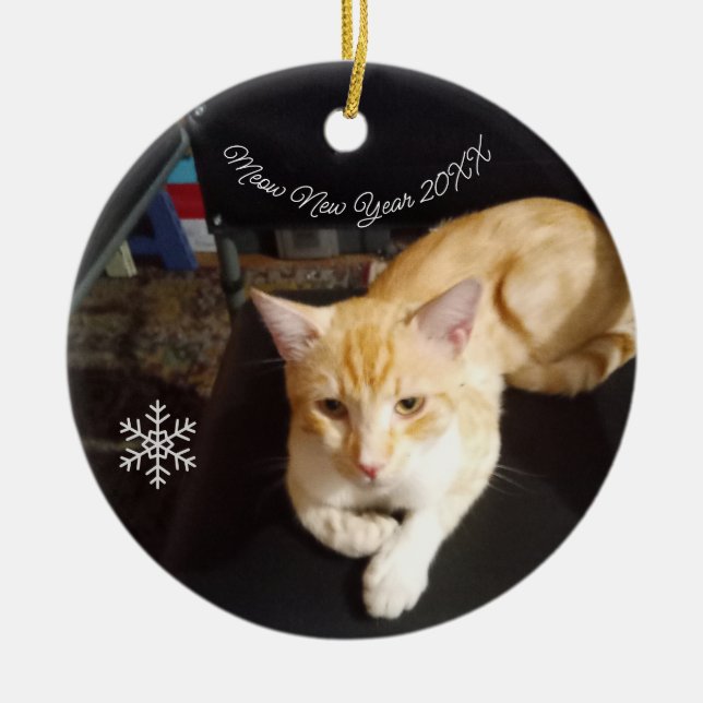 Cat Photo Text, Customise, Happy New Year 20XX,  Ceramic Tree Decoration (Front)